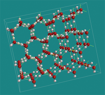 Crystal matrix formed by frozen water. The molecules align into regular hexagonal layers.