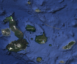 Aerial map of the Galapagos Islands with some towns named and basic topography of the seafloor visible.