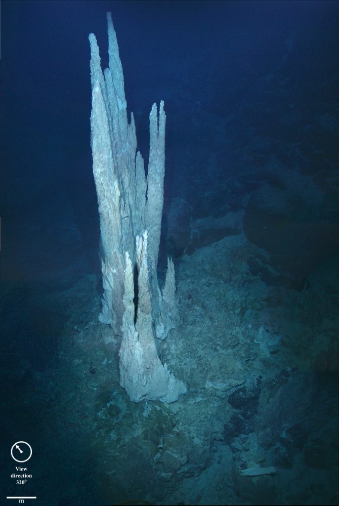 Rising, pointed pillars of limestone emerging from the sea floor.