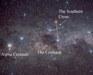 Alpha centauri, the nearest star to the sun, at the far left. A dark area labeled the Coalsack is towards the center. Above and to the right is the Southern Cross.