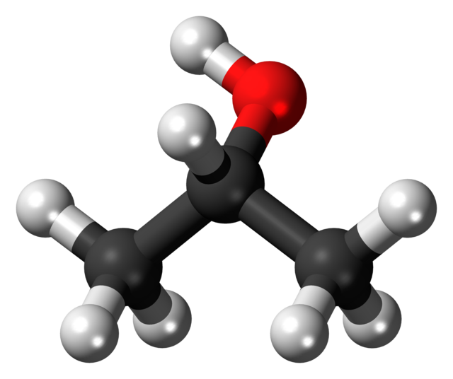 Ball and stick model of isopropyl alcohol, C3H8O (white = hydrogen, black = carbon, red = oxygen).