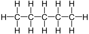 Pentane (C5H12) structural formula. The carbons form a straight chain.