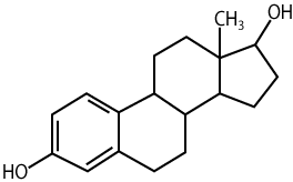 Structural formula of estrogen includes four hydrocarbon rings with an OH at one end and OH at the other end adjacent to a CH3.
