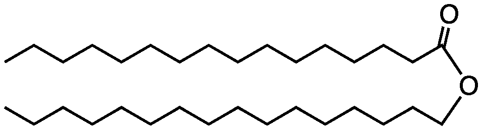 Cetyl palmitate wax with two long hydrocarbon chains bonded at one end to an oxygen.