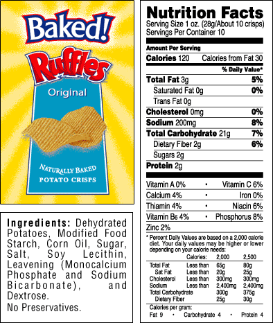 Baked! Ruffles Original chip bag with Ingredients and Nutrition Facts labels.