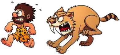 Cartoon of a saber tooth tiger chasing a caveman.