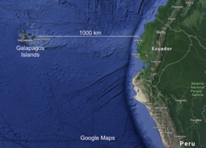 Google Maps image of Galapagos Islands 1000 km off the coast of Ecuador.