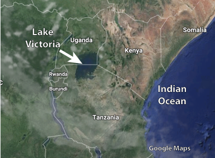 Map of East Africa showing Lake Victoria spanning areas of southern Uganda, northern Tanzania, and a small portion of southwestern Kenya.