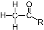 Acetyl structure: CH3COR where the oxygen is double-bonded to the second C, and the R represents R group.