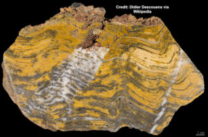 Mainly orange-yellow with some white and gray wavy layers of stromatolites.