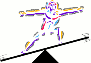 Illustrated figure standing on a board that's balanced on a triangular fulcrum. The board is tilted down to the left, and the figure is bending its left leg to maintain balance.
