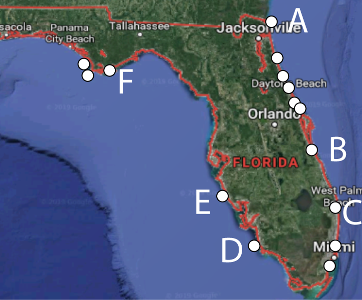 Map of Florida. A is at the northeast by Jacksonville. B is centrally located on the east coast. C is a bit farther south of B, around West Palm Beach. D is on the southwest edge of the peninsula. E is a bit farther north of D. F is along the south of the panhandle, east of Panama City Beach.