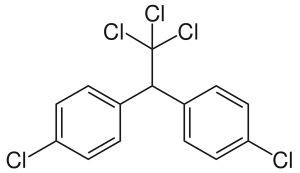 Structural formula of DDT involves a five chlorine molecules amidst the hydrocarbon portions.