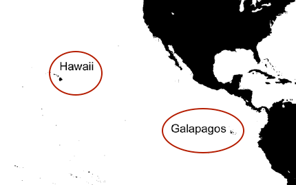 Map with Hawaii and Galapagos circled in red.