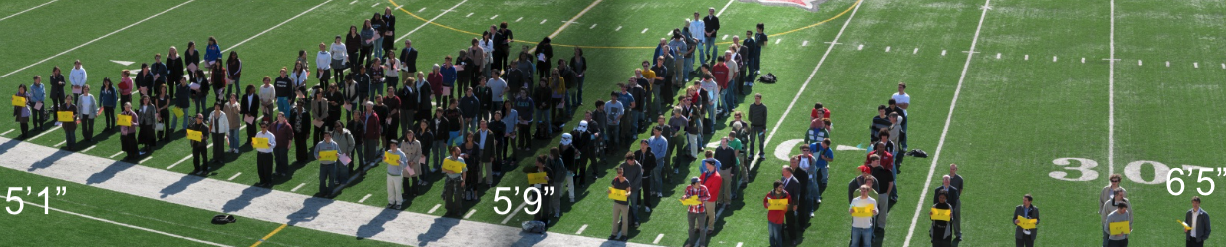 People stand on a football field in lines according to their heights.