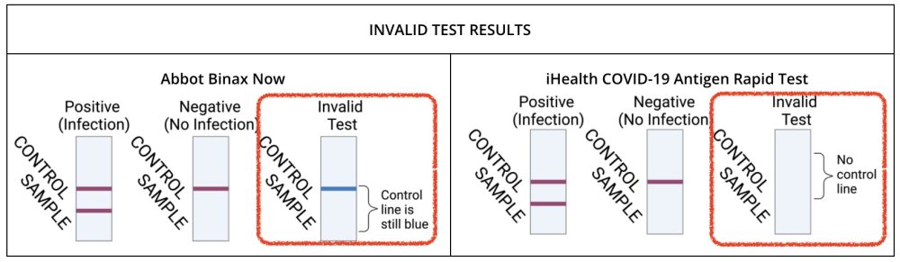 Positive (Infection): CONTROL and SAMPLE burgundy lines. Negative (No Infection): CONTROL-only burgundy line. Invalid Test: CONTROL blue line. The Invalid Test is boxed in red.