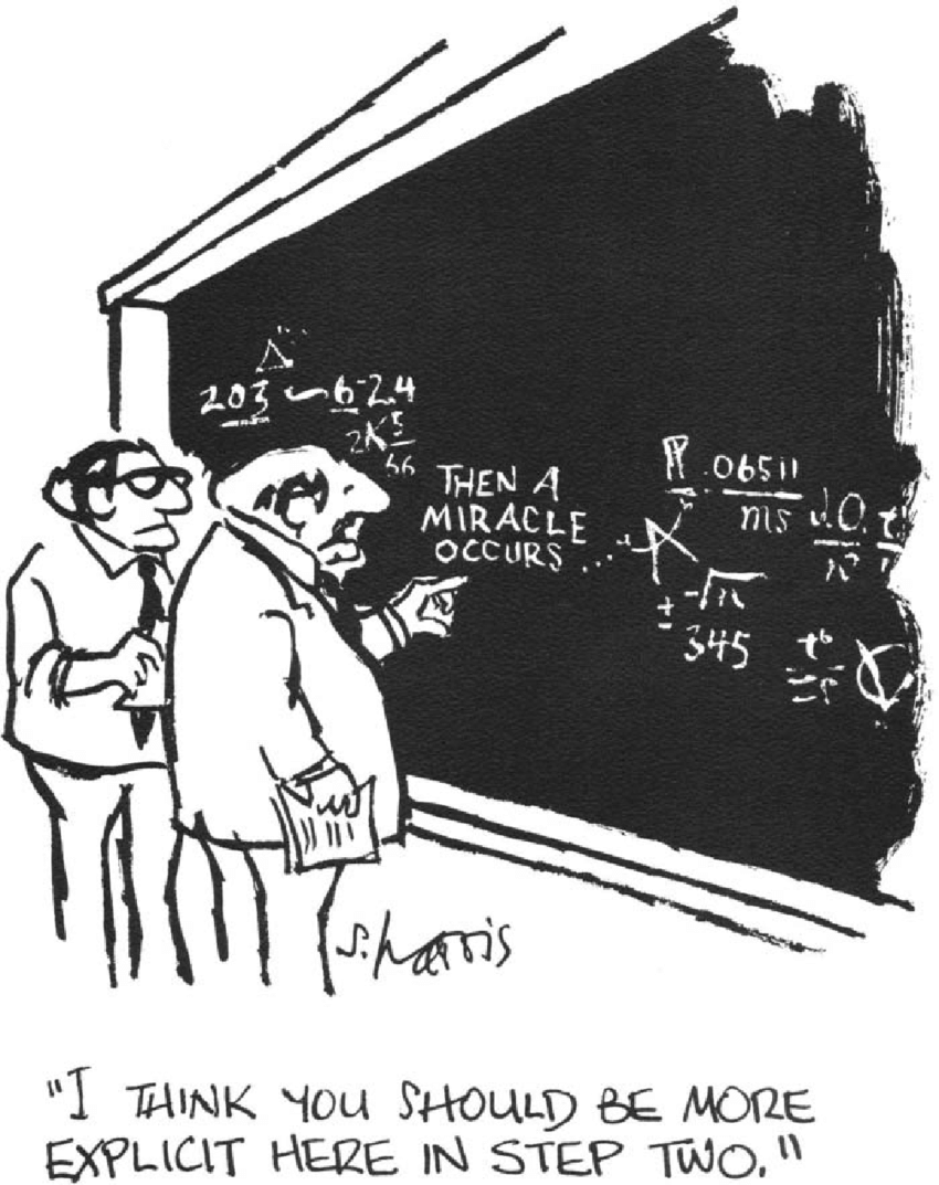 Cartoon of two men in front of a blackboard. Many complex mathematical equations are on the board, but in the middle is written "THEN A MIRACLE OCCURS". The quote at the bottom says, "I think you should be more explicit here in step two."