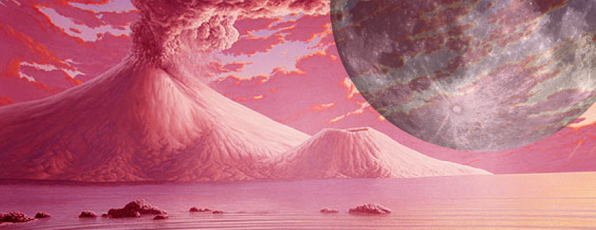 Pink-tinted depiction of a smoking volcano, flat body of water, and partly cloudy skies. A large sphere hangs in the upper right.